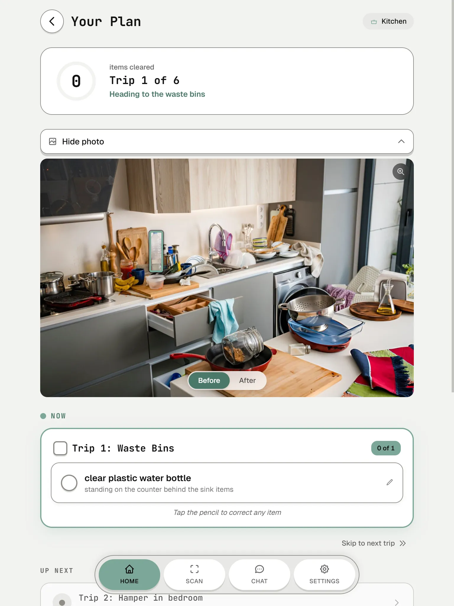 Doompile app showing a Kids Room scan with bounding boxes and trip plan